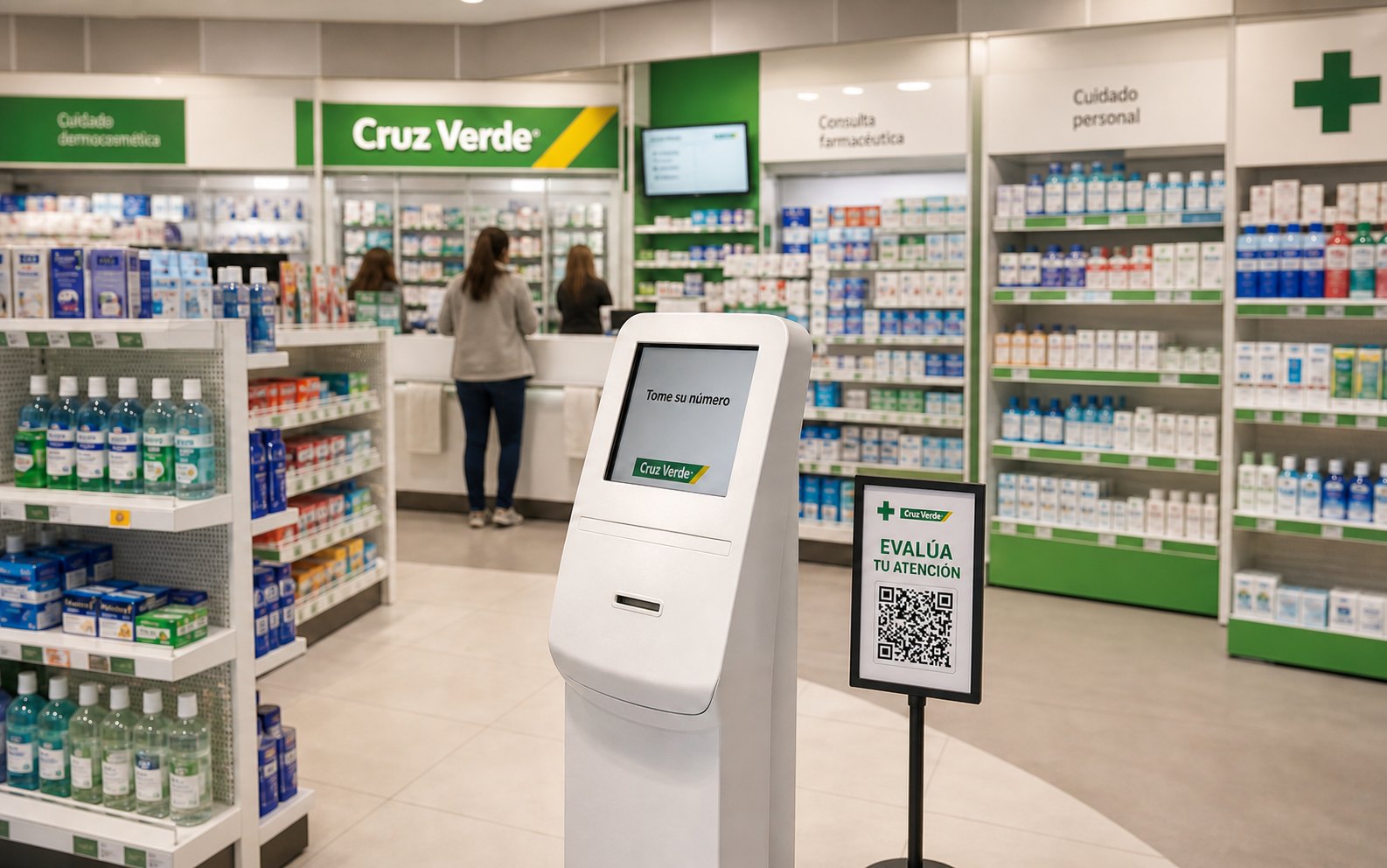 Señal QR Evalúa tu atención junto al tótem de turnos en una farmacia Cruz Verde